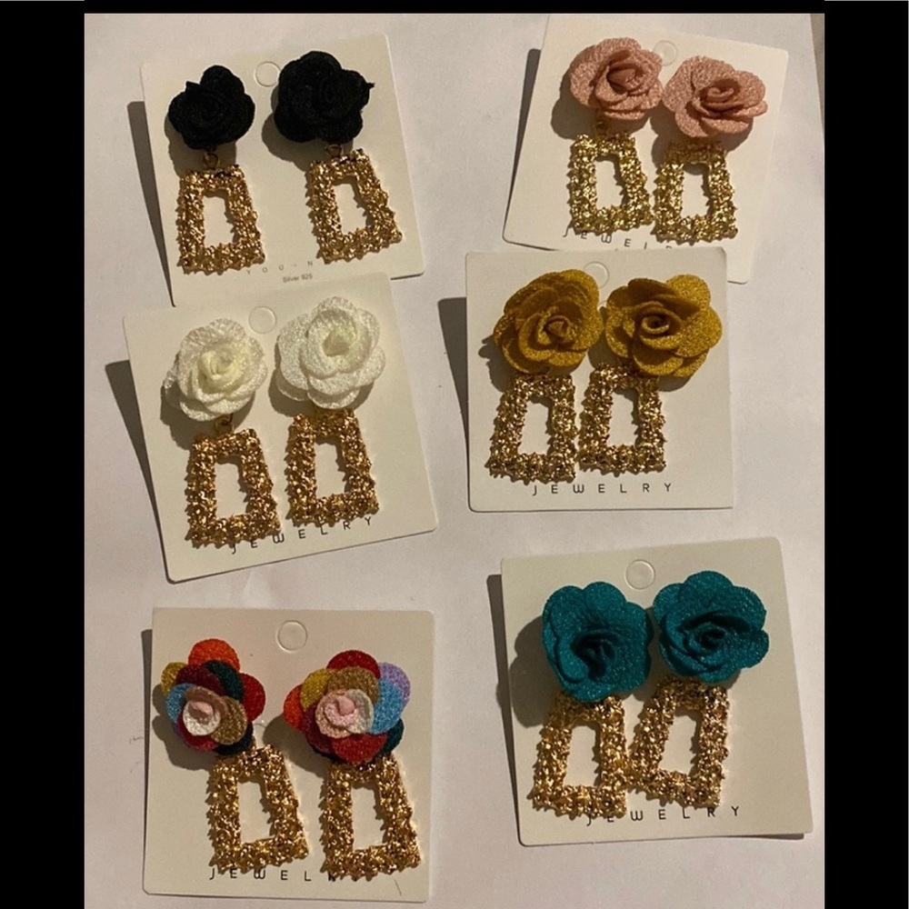 ✨❤️ Statement Rainbow Floral Drop Earrings | Gold Textured Rectangle Dangle 💛✨ - Picture 8 of 16
